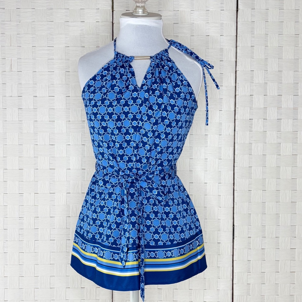 New York & Company Halter Top Womens XS Blue Geometric Keyhole Belted Mod Preppy